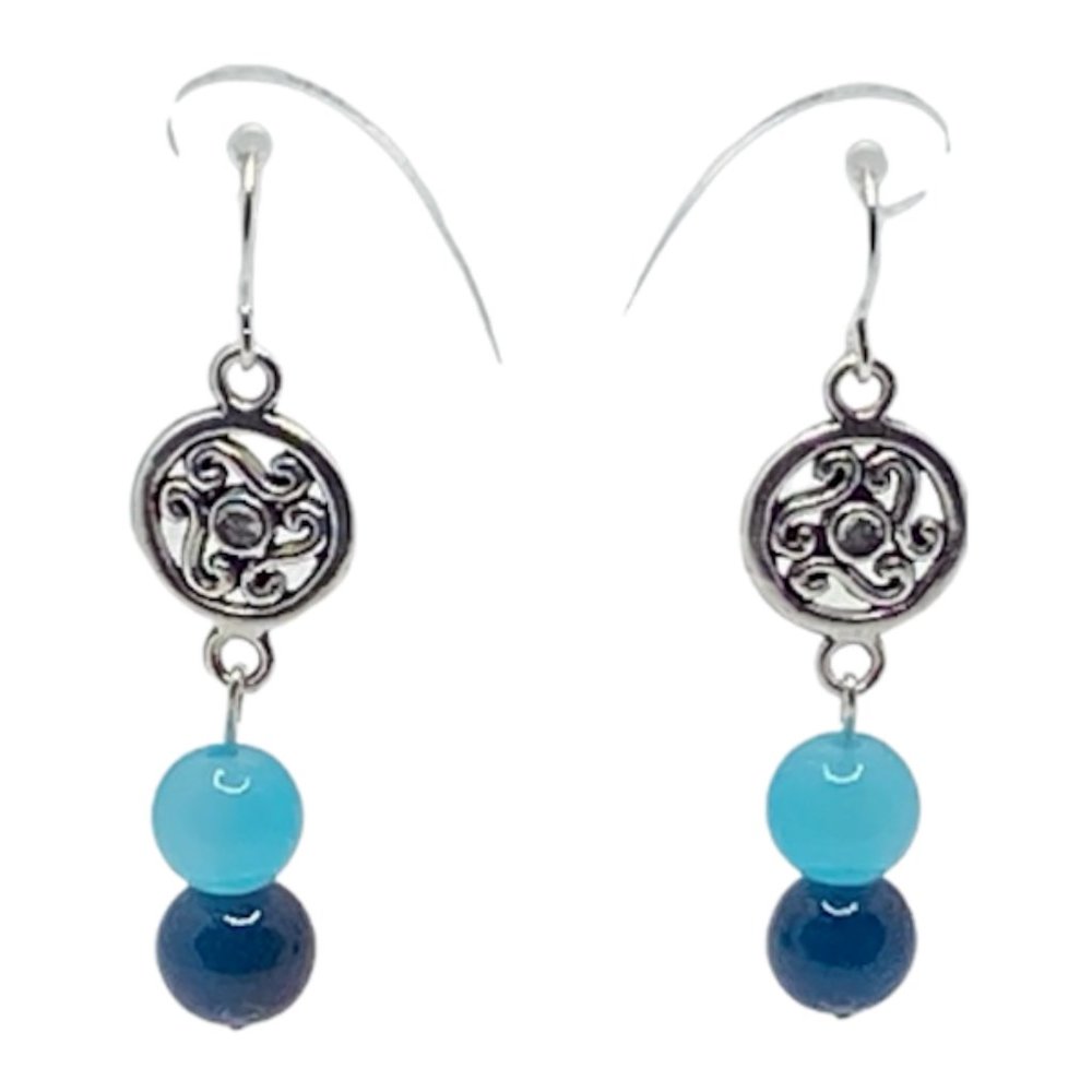 Navy with Electric Blue 10mm Marbles with Silver Drop Pendant EarRings